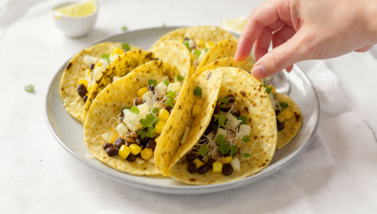 Vegetarian tacos with black beans and corn, colorful, fresh, and quick to prepare.