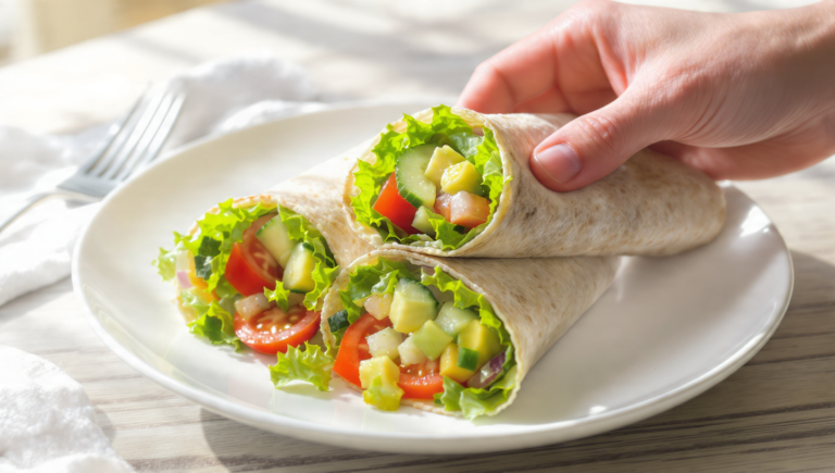 Quick vegetarian wraps with fresh vegetables and spreads, perfect for an easy lunch on the go.