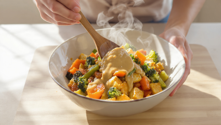 Vegetarian stir-fry with tofu, colorful vegetables, and peanut sauce, quick and easy to prepare.