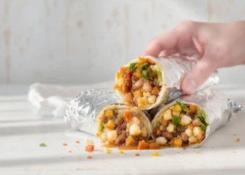 Budget bean burritos with black beans, rice, cheese, and vegetables on plate with salsa