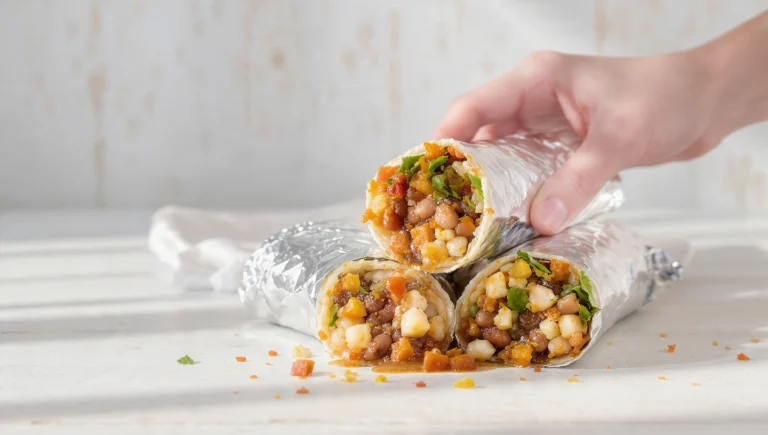 Budget bean burritos with black beans, rice, cheese, and vegetables on plate with salsa
