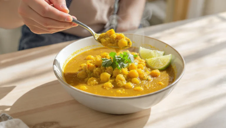 Budget-friendly chickpea curry bowl with rice and naan bread