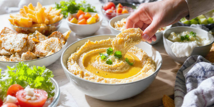 Budget-friendly dips and spreads served with bread and vegetables, quick and easy low-cost meal idea.