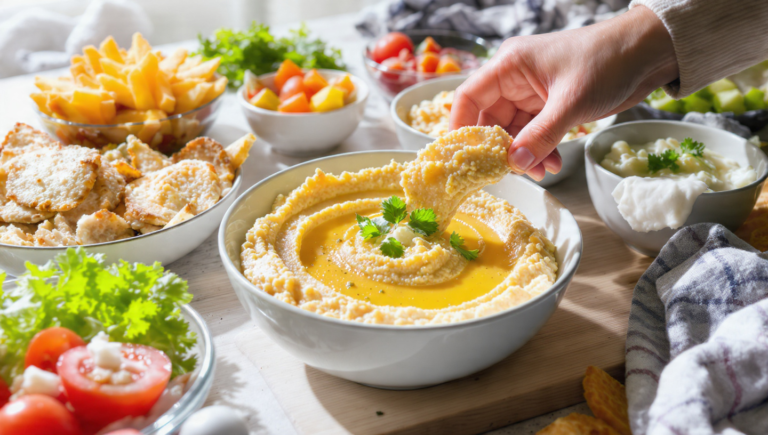 Budget-friendly dips and spreads served with bread and vegetables, quick and easy low-cost meal idea.