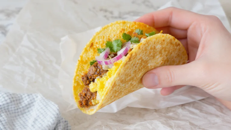 Quick breakfast tacos with scrambled eggs, cheese, and avocado