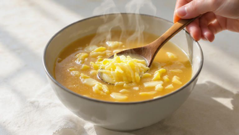 Quick egg drop soup with silky egg ribbons in golden broth: budget-friendly meal in 10 minutes.