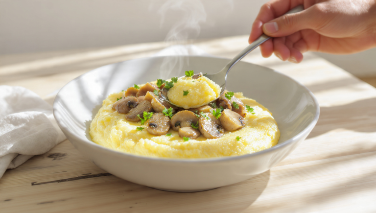 Budget polenta dish with cheese and toppings for quick easy cornmeal meals