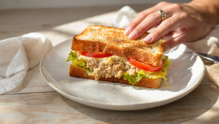 Budget tuna melt sandwich with melted cheese, canned tuna, and toasted bread for quick easy meals