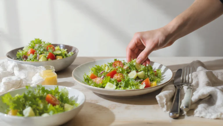 Budget-friendly healthy salad with fresh vegetables and simple dressing, quick low-cost meal.