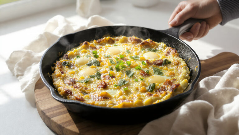 Budget-friendly frittata with eggs, vegetables, and simple ingredients cooked as a quick, affordable meal.