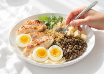 Budget protein sources: eggs, lentils, canned tuna, chicken, Greek yogurt on cutting board