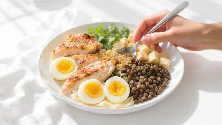 Budget protein sources: eggs, lentils, canned tuna, chicken, Greek yogurt on cutting board