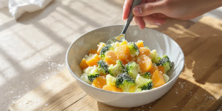 Budget-friendly meal with mixed frozen vegetables and rice, quick and easy low-cost dinner.