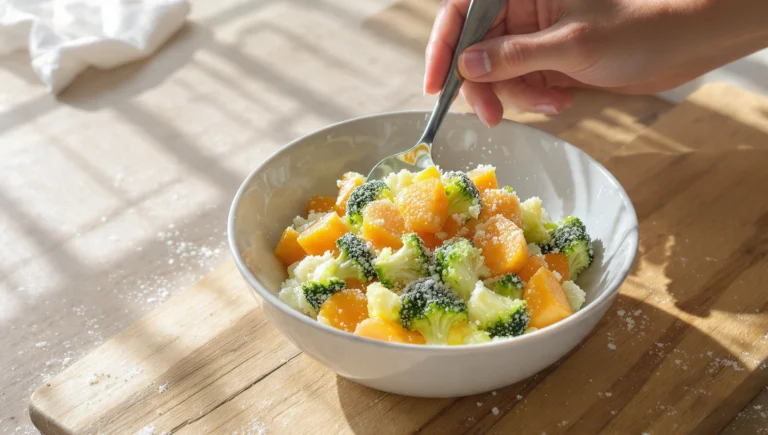 Budget-friendly meal with mixed frozen vegetables and rice, quick and easy low-cost dinner.