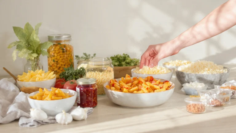 Budget-friendly quick meal made from pantry staples like rice, beans, and canned vegetables in a simple home-cooked dish.