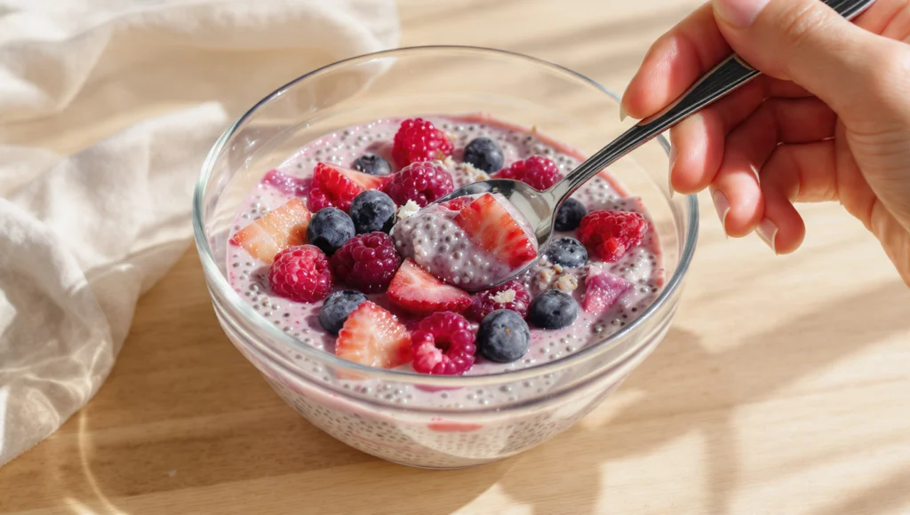 Overnight chia pudding with fresh berries and coconut milk in glass jar, healthy breakfast recipe