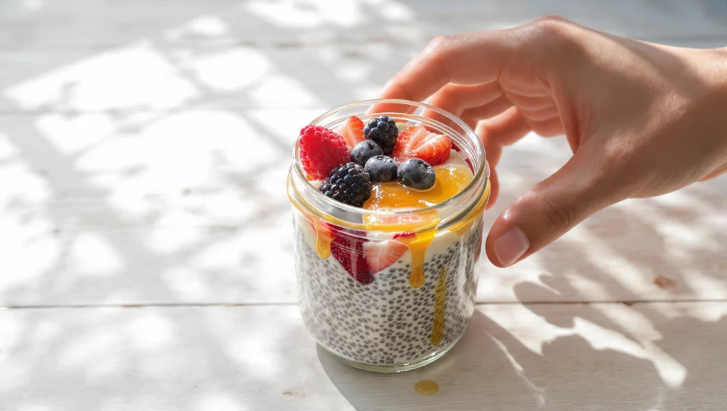 Chia seed pudding in mason jars with berries and coconut, plant-based portable breakfast