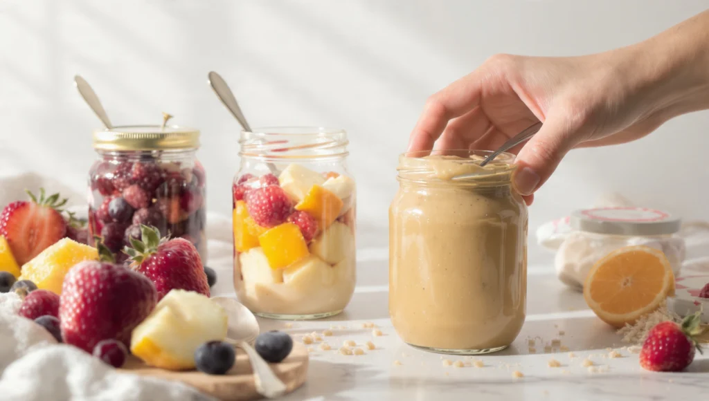 Mason jars with fresh fruit slices and nut butter, portable healthy breakfast snack packs