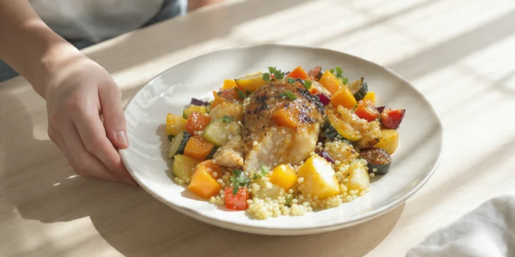 Budget-friendly one-pan quick meal with vegetables, grains, and affordable protein cooked together for easy cleanup.