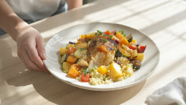 Budget-friendly one-pan quick meal with vegetables, grains, and affordable protein cooked together for easy cleanup.