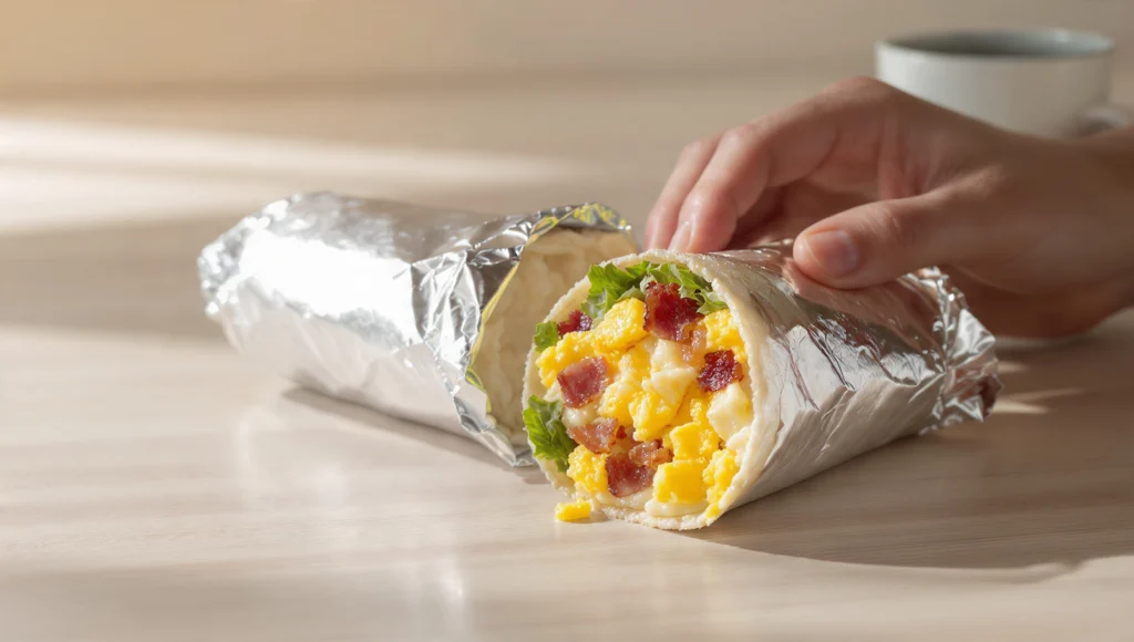 Breakfast burrito wrapped in foil with eggs, bacon, cheese and avocado, portable morning meal