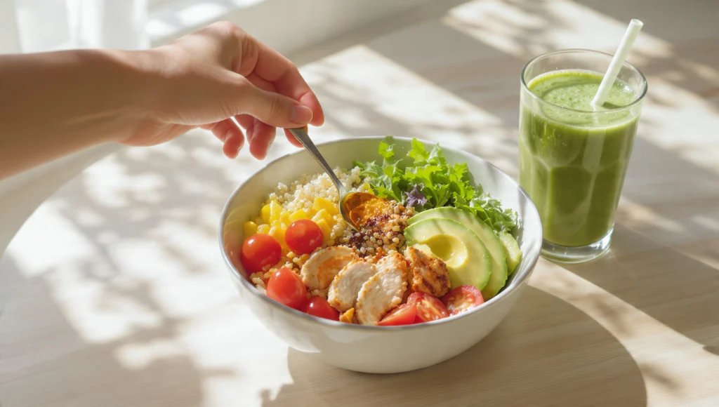 Vegan power bowl with quinoa, chickpeas and avocado next to green smoothie on white background