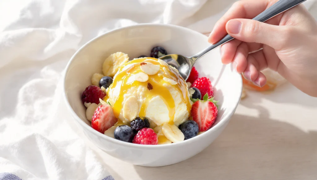 Banana nice cream bowl with fresh berries, granola and peanut butter, healthy vegan ice cream