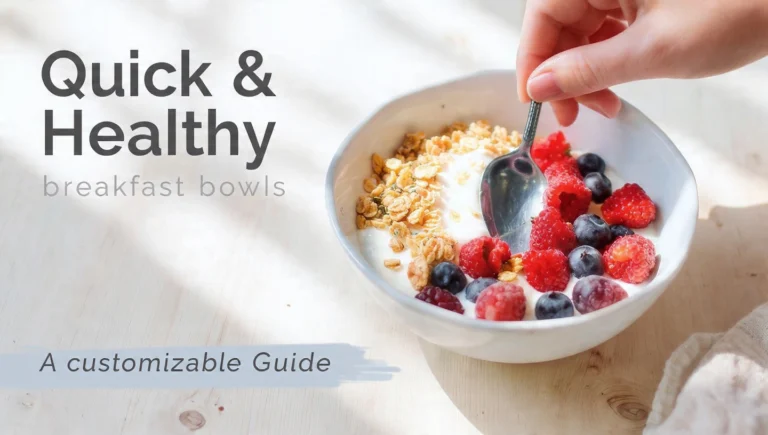Customizable healthy breakfast bowl with granola, yogurt, berries, and toppings on white background
