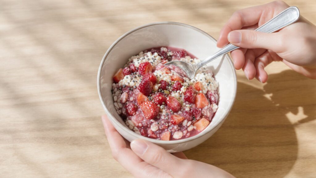  Overnight oats with fresh blueberries, strawberries, and chia seeds in a glass jar on a wooden table