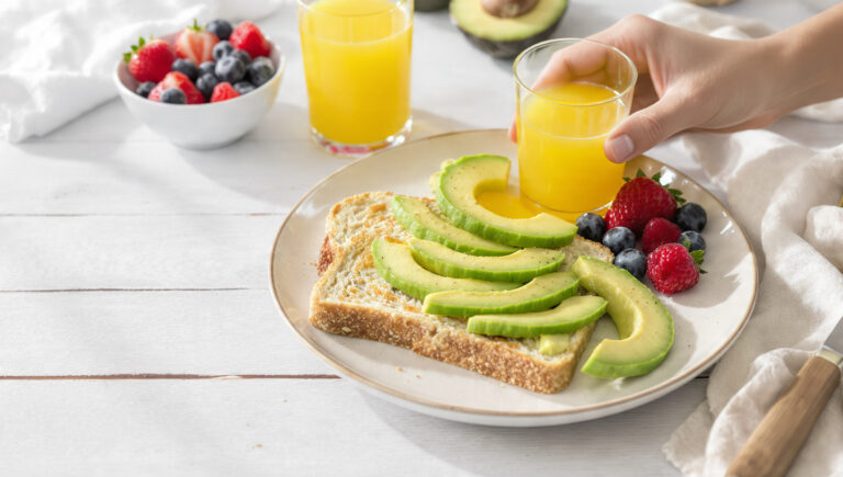 Quick healthy breakfast with high-fiber foods including oatmeal, berries, whole grain toast, and chia seeds