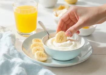 Healthy breakfast for kids with fruit kabobs, pancakes, yogurt parfaits and egg muffins on colorful plate