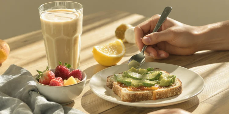 High-protein muscle gain breakfast with eggs, chicken, Greek yogurt and oats on fitness plate