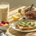 High-protein muscle gain breakfast with eggs, chicken, Greek yogurt and oats on fitness plate
