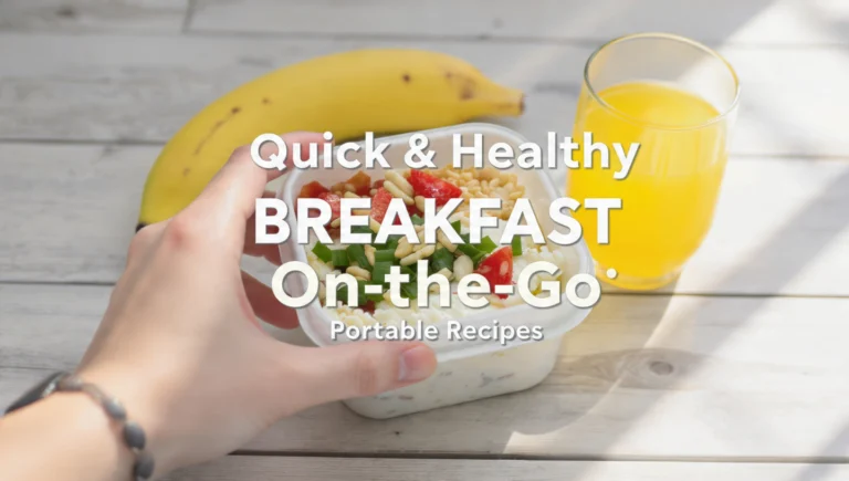 Portable breakfast recipes including burritos, overnight oats, granola bars and fruit packs on table