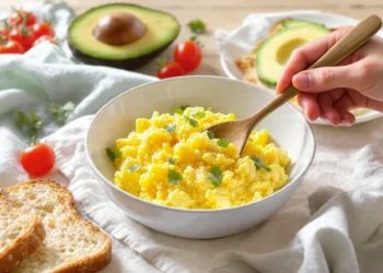 Healthy egg breakfast plate with scrambled eggs, avocado, whole grain toast, and tomatoes