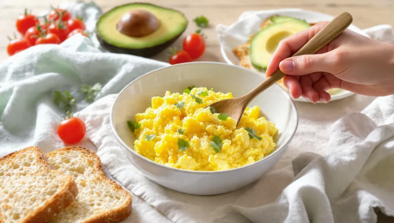 Healthy egg breakfast plate with scrambled eggs, avocado, whole grain toast, and tomatoes