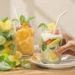 Colorful breakfast smoothies in glass jars with fresh fruits and straws for busy mornings