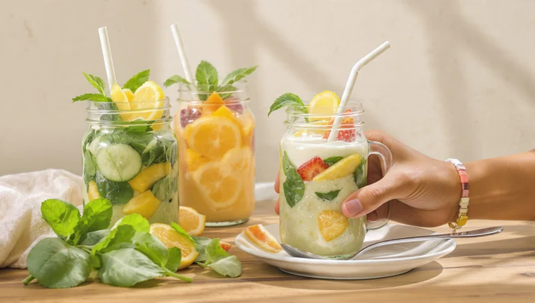 Colorful breakfast smoothies in glass jars with fresh fruits and straws for busy mornings