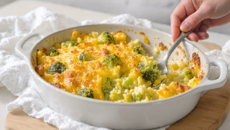 Broccoli and cheese casserole, quick vegetarian dish with a creamy, melted topping.