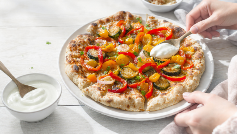 Vegetarian naan pizza with roasted vegetables and cheese, quick and easy flatbread meal.