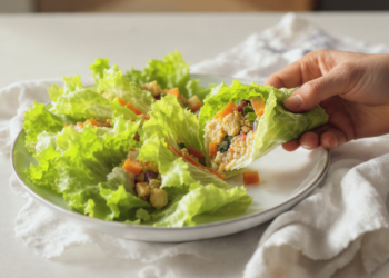 Vegetarian lettuce wraps with tofu and vegetables, fresh, light, and quick to prepare.