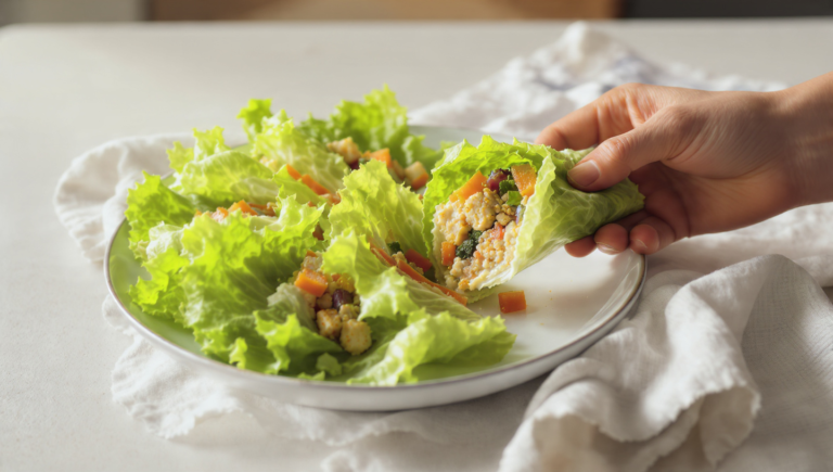Vegetarian lettuce wraps with tofu and vegetables, fresh, light, and quick to prepare.