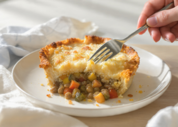 Vegetarian shepherd’s pie with lentils and vegetables, topped with mashed potatoes and baked until golden.