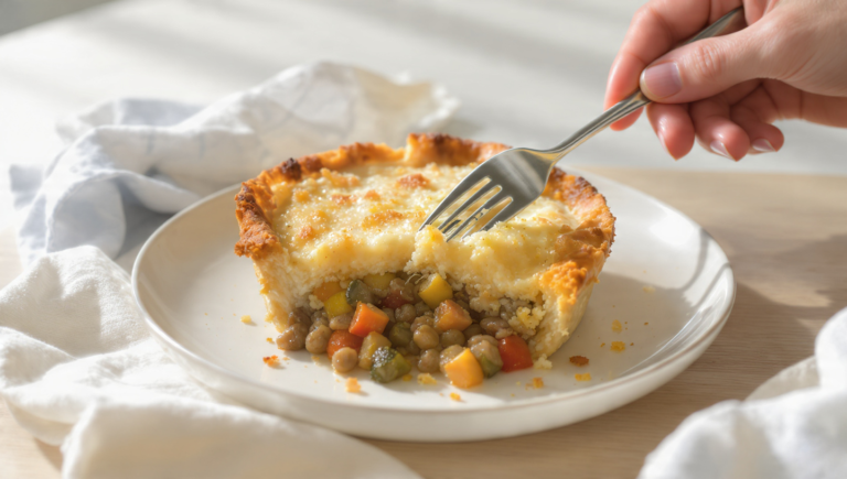 Vegetarian shepherd’s pie with lentils and vegetables, topped with mashed potatoes and baked until golden.