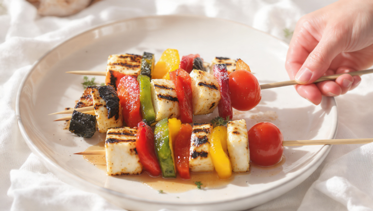 Grilled halloumi and vegetable skewers, quick vegetarian dish with golden cheese and veggies.