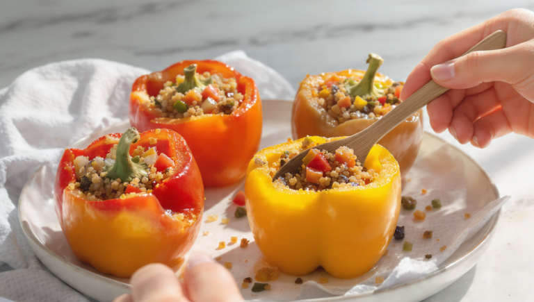 Vegetarian stuffed peppers with quinoa and vegetables, colorful, healthy, and quick to prepare.