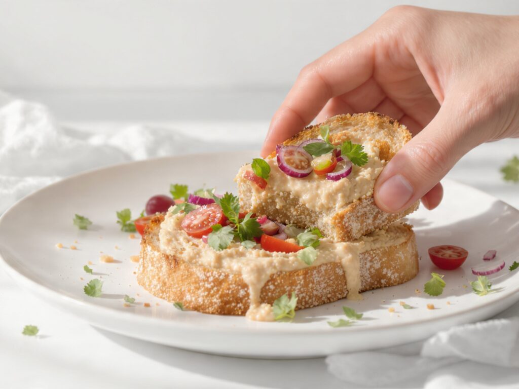 Mediterranean hummus toast with cucumber, tomatoes, olives, and feta cheese