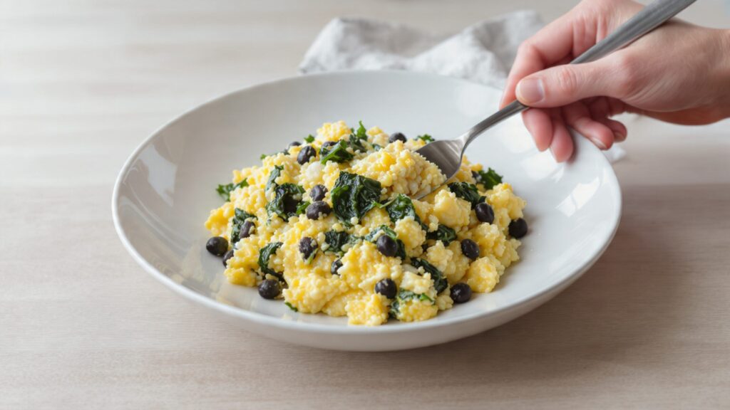  Scrambled eggs with wilted spinach and black beans served in a skillet or white plate for breakfast