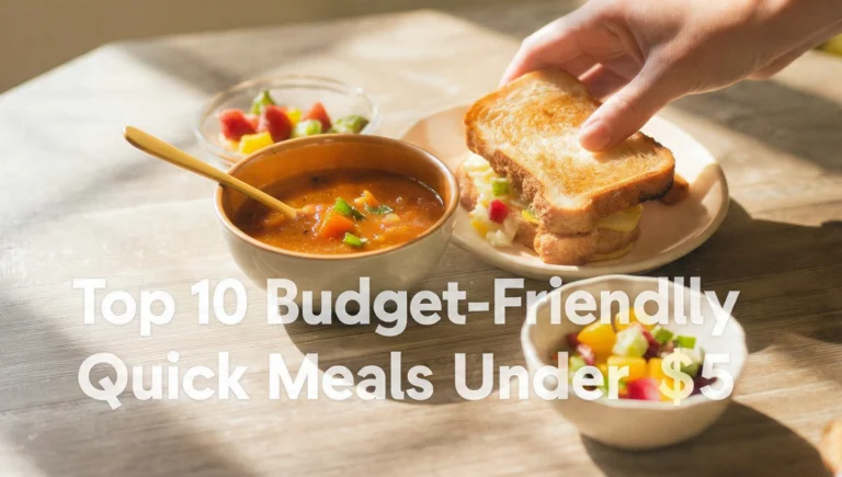 Top budget-friendly quick meals under $5 featuring simple dishes with rice, vegetables, pasta, and affordable proteins.