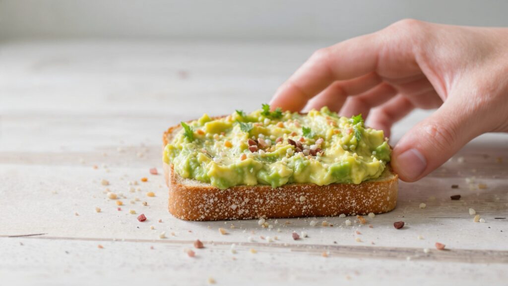 Whole-wheat avocado toast with everything bagel seasoning served on a white plate with fresh lemon